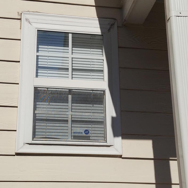 Double-hung window with white trim and blinds Double-hung window with white trim and blinds