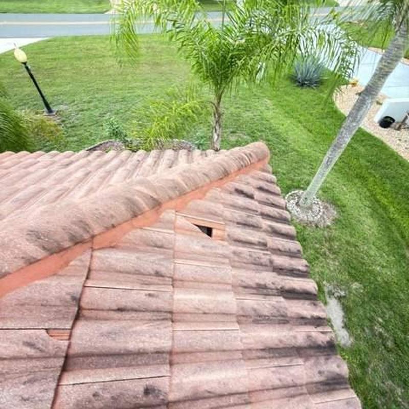 Concrete tile roof with damaged tiles and wear