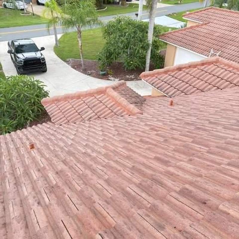 Concrete tile roof inspection with visible wear