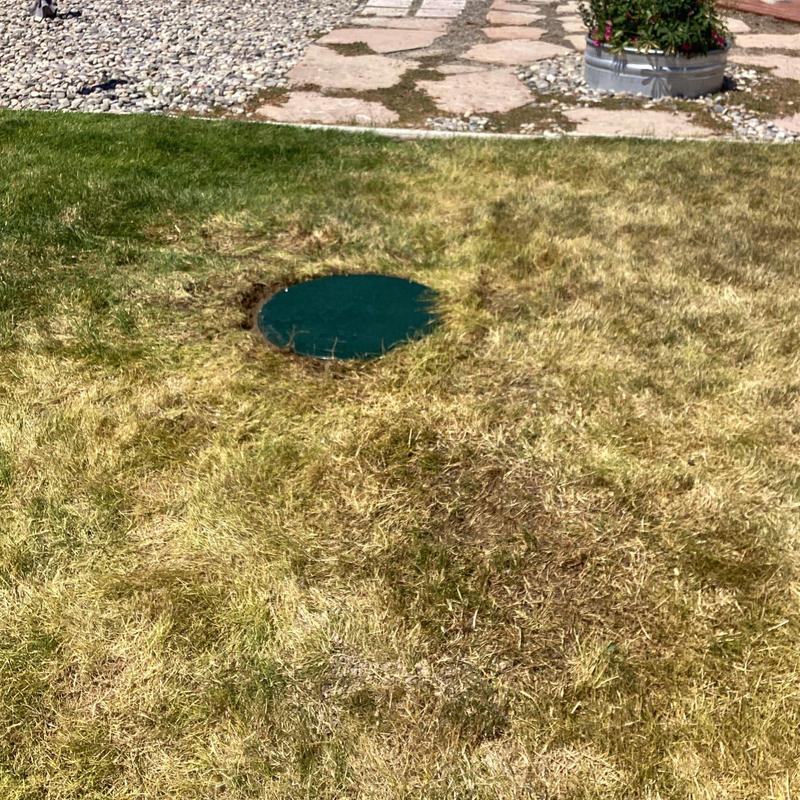 Septic tank lid in dry grass near stone walkway Septic tank lid in dry grass near stone walkway