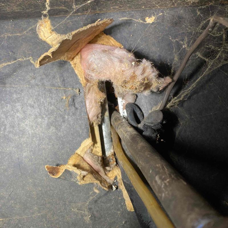 Furnace insulation torn around pipes in floor cavity Furnace insulation torn around pipes in floor cavity