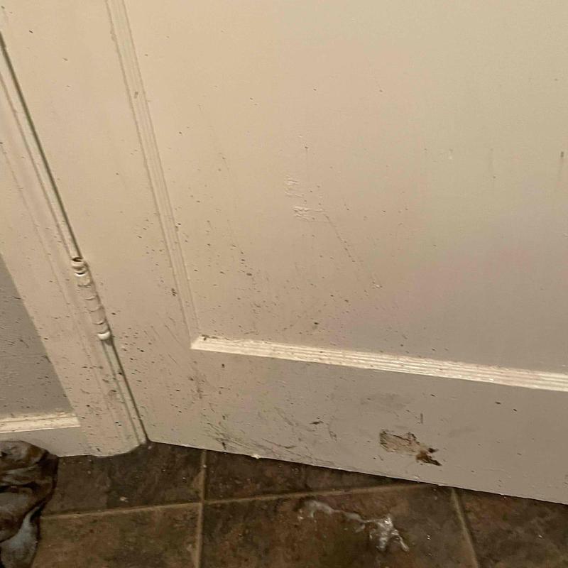 Toilet base and lower door with dirt and damage Toilet base and lower door with dirt and damage