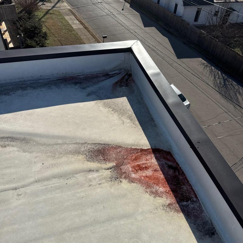 Flat roof membrane showing water damage stains