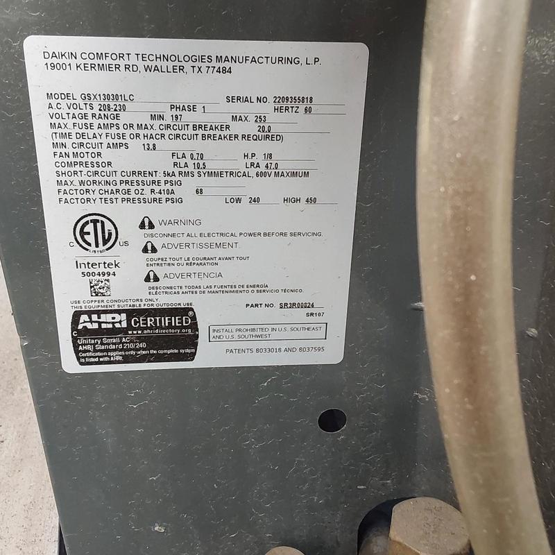 Daikin GSX130301LC air conditioner data label