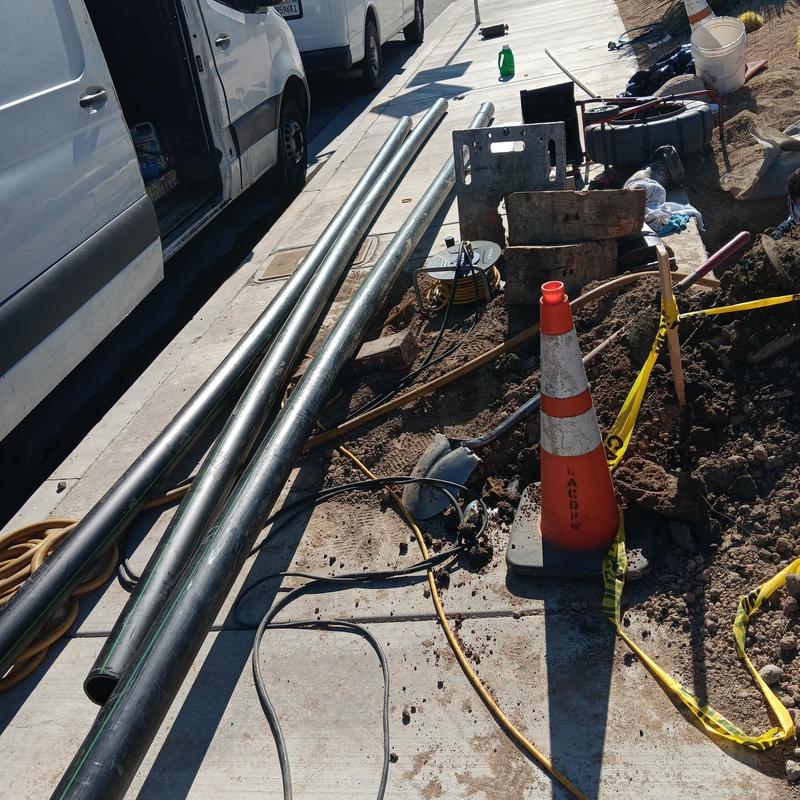 High-density polyethylene sewer pipe installation in trench