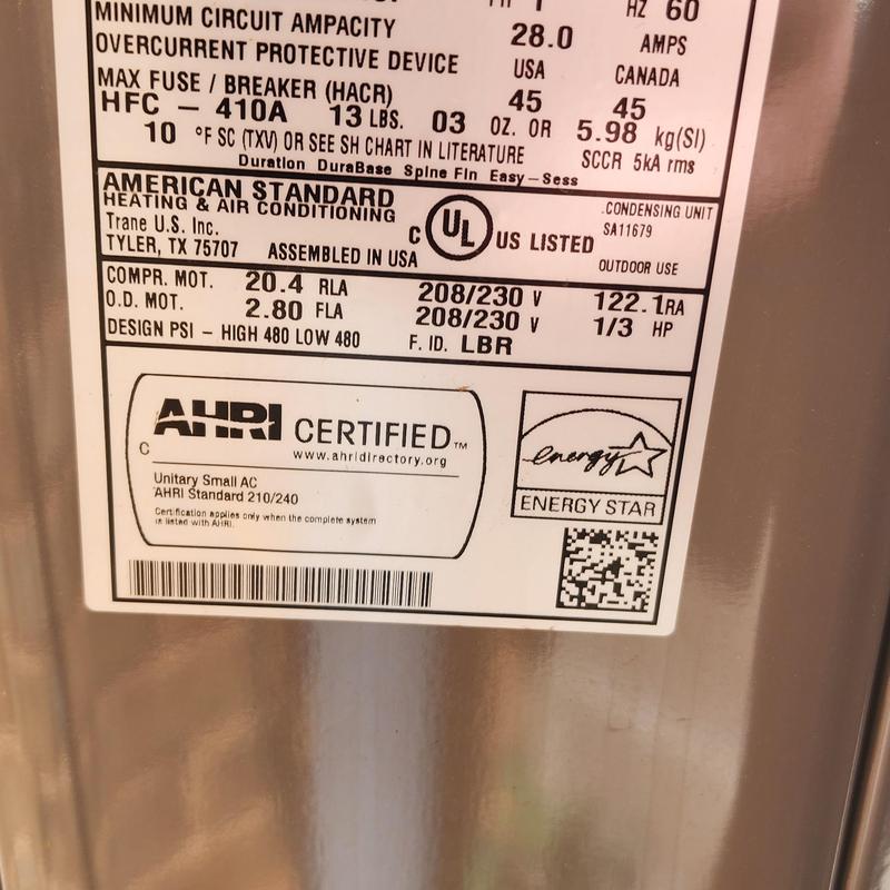 American Standard air conditioner specification label