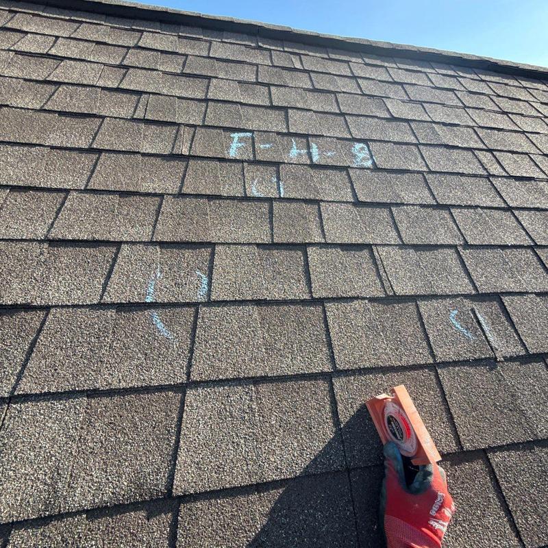 Asphalt shingles with chalk markings for hail damage inspection