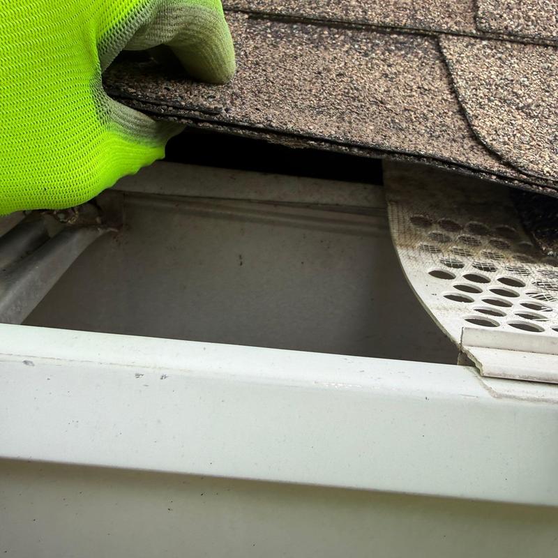 Asphalt shingles lifted to inspect gutter screen and roof edge