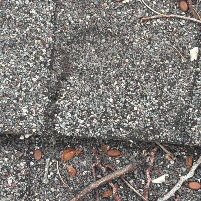 Asphalt shingles with hail damage and debris on roof