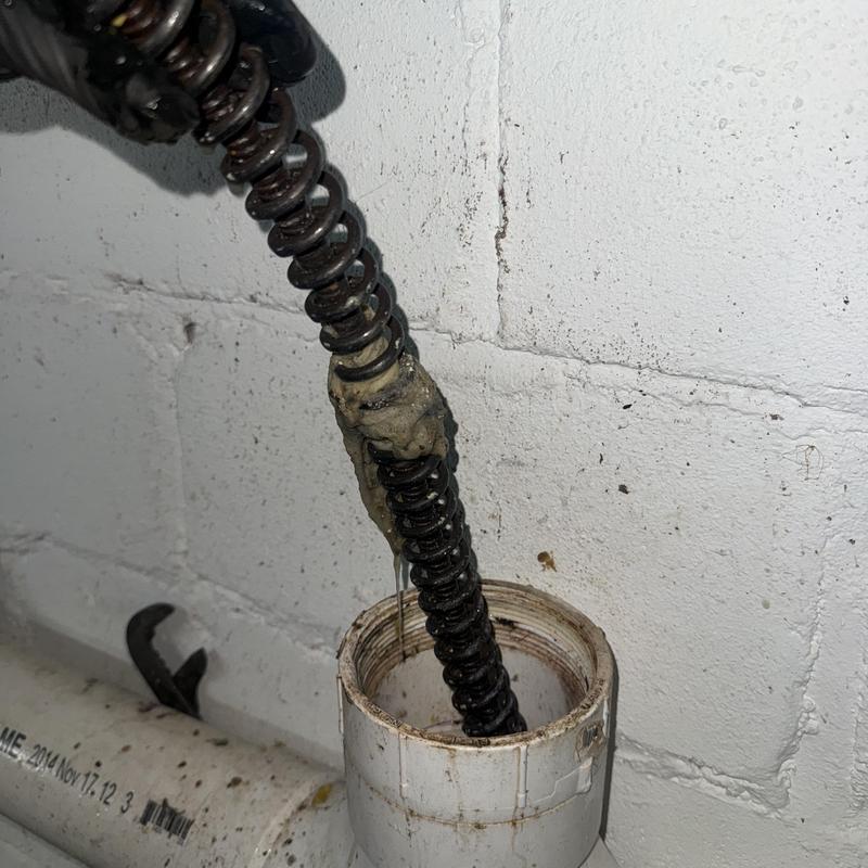 Drain clean-out with plumber snake and clog buildup Drain clean-out with plumber snake and clog buildup