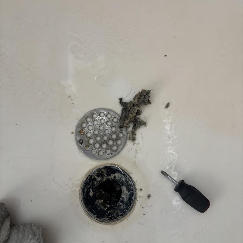 Tub shower drain with hair clog removed and tools nearby
