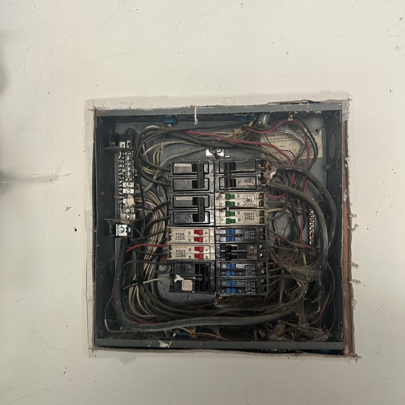 Electrical breaker panel with old wiring and breakers