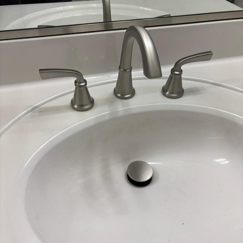 Delta Geist two-handle widespread faucet brush nickel