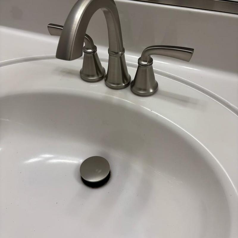 Delta Geist widespread faucet in brushed nickel installed