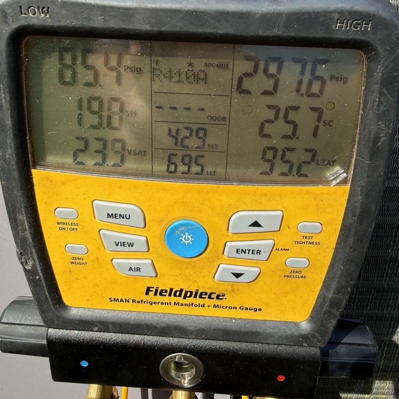 Refrigerant manifold gauge displaying HVAC pressures Refrigerant manifold gauge displaying HVAC pressures