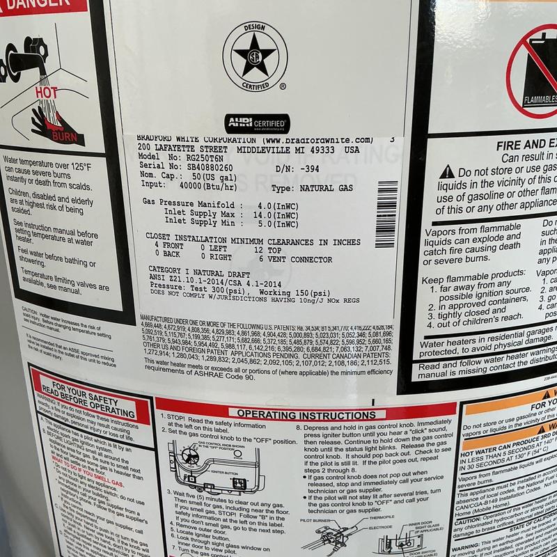 Natural gas water heater label with pressure and safety info