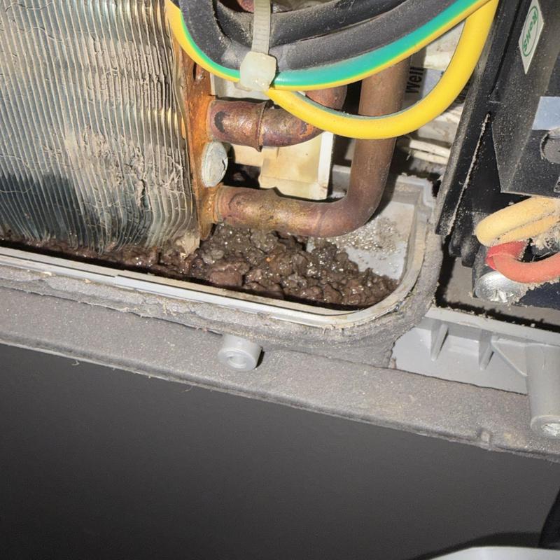 Condensate drain pan clogged with dirt and debris