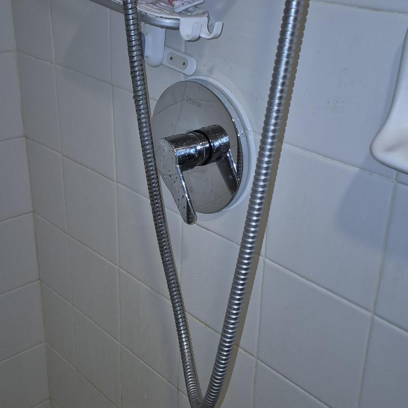 Price Pfister shower valve with hose in tiled wall