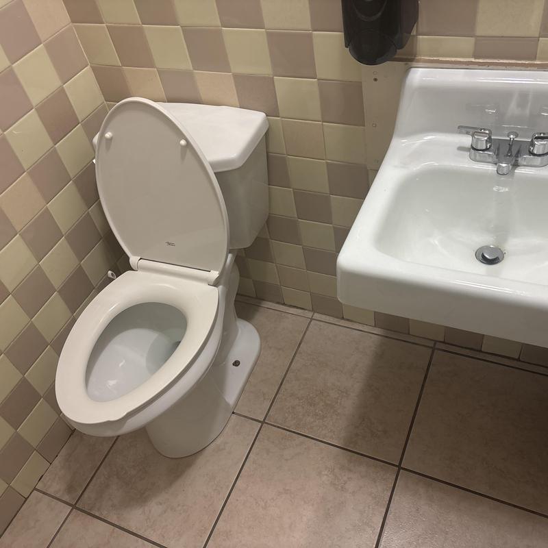 Toilet with open lid next to wall-mounted sink Toilet with open lid next to wall-mounted sink