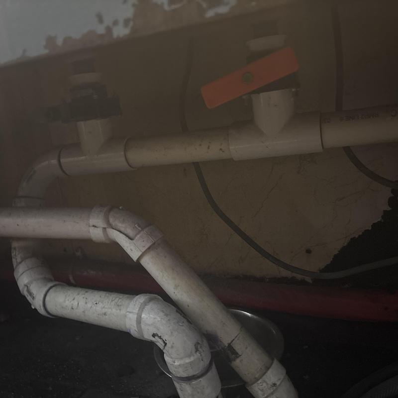 Three compartment sink PVC drain pipes with shutoff valves Three compartment sink PVC drain pipes with shutoff valves
