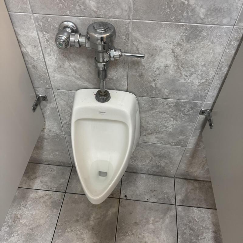 Urinal flush valve and ceramic fixture in restroom