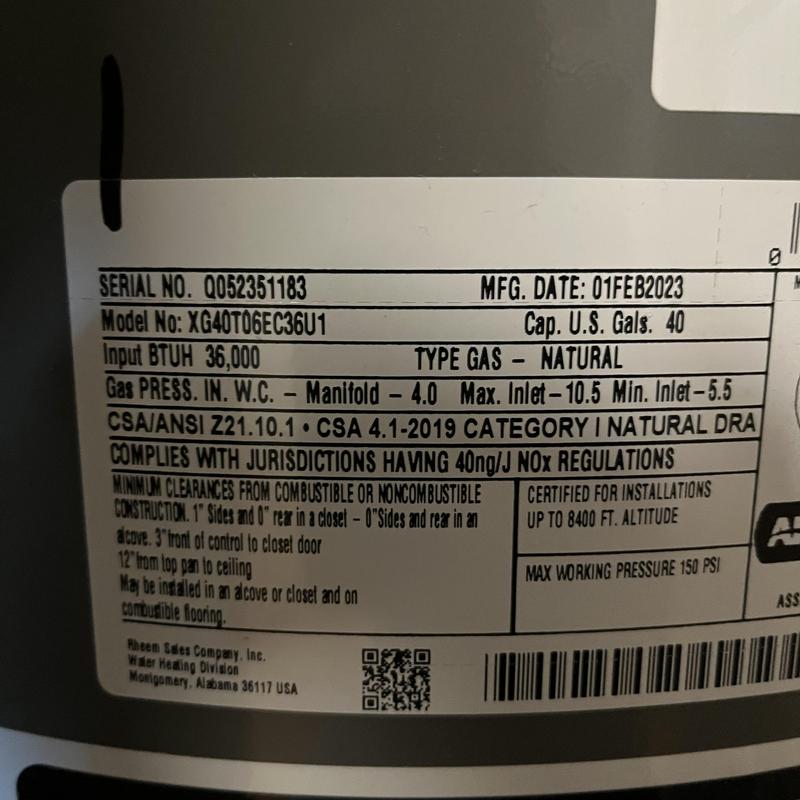Gas water heater label showing specifications and safety info Gas water heater label showing specifications and safety info