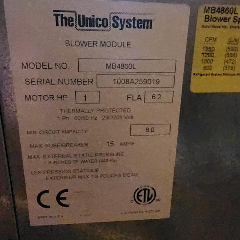Unico System blower module label with specs Unico System blower module label with specs