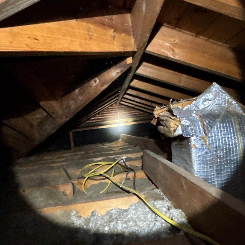 Attic insulation with ductwork and wiring visible
