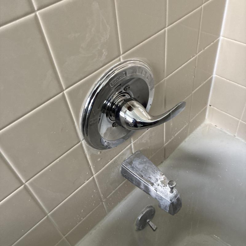 Delta shower faucet handle and tub spout in bathroom