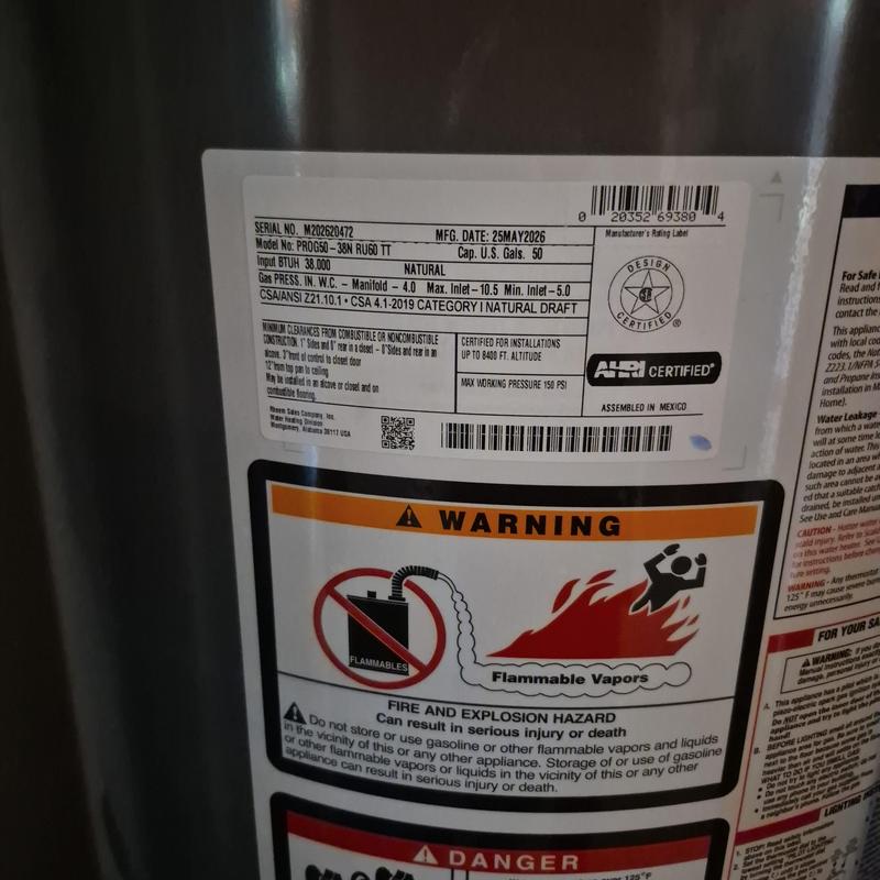 Gas water heater label and safety warnings