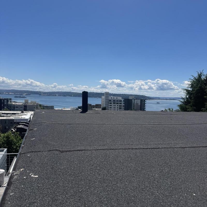 Flat roof with clear blue sky and distant waterfront view