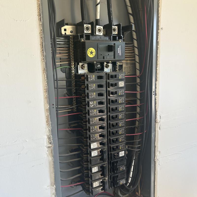 Electrical breaker panel with circuit breakers and wiring Electrical breaker panel with circuit breakers and wiring