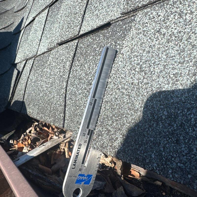 Asphalt roof shingles with hail damage gauge