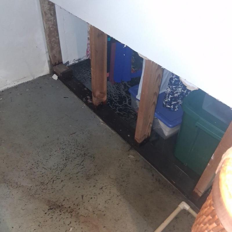 Basement wall with water damage and exposed studs