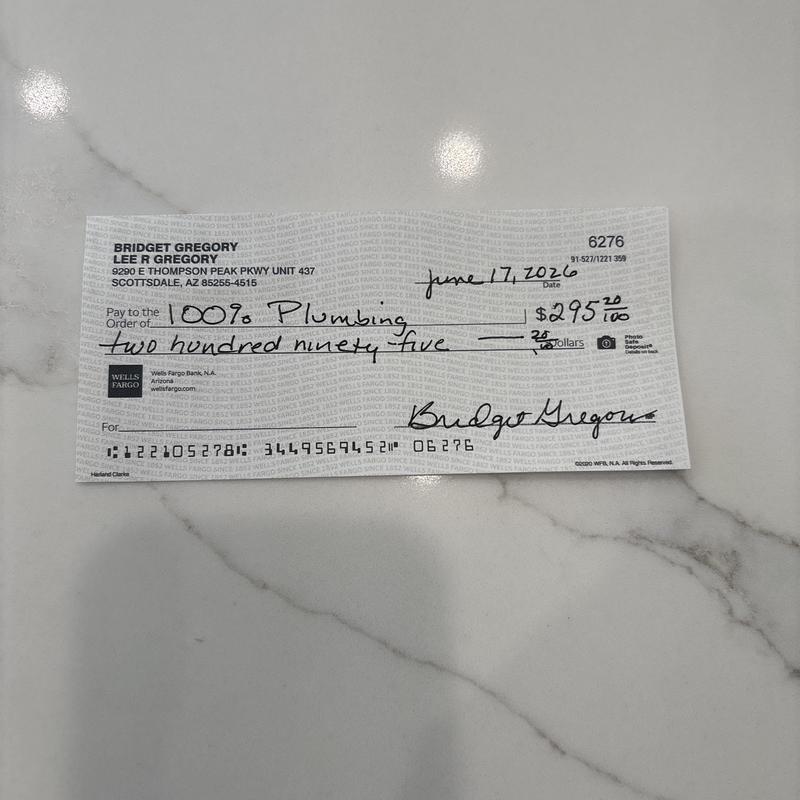 Check payment for widespread lav faucet installation
