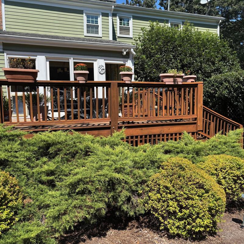 Wooden deck with railings and potted plants Wooden deck with railings and potted plants