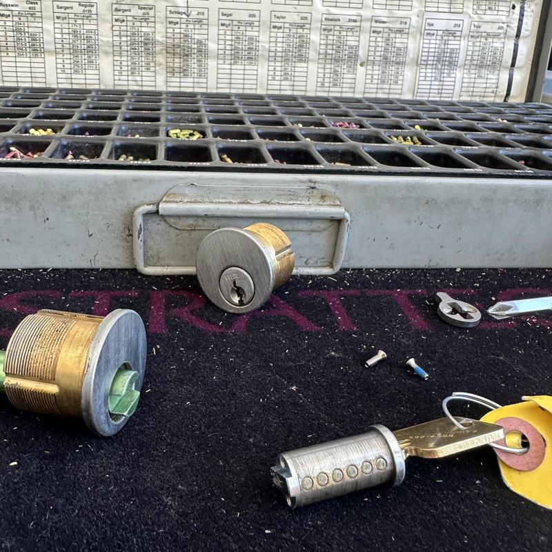 Commercial lock cylinders with key and rekeying tools