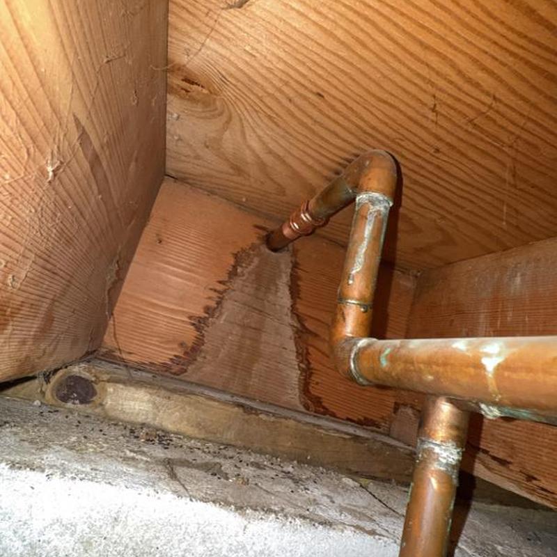 Copper water pipe leaking in wooden basement corner