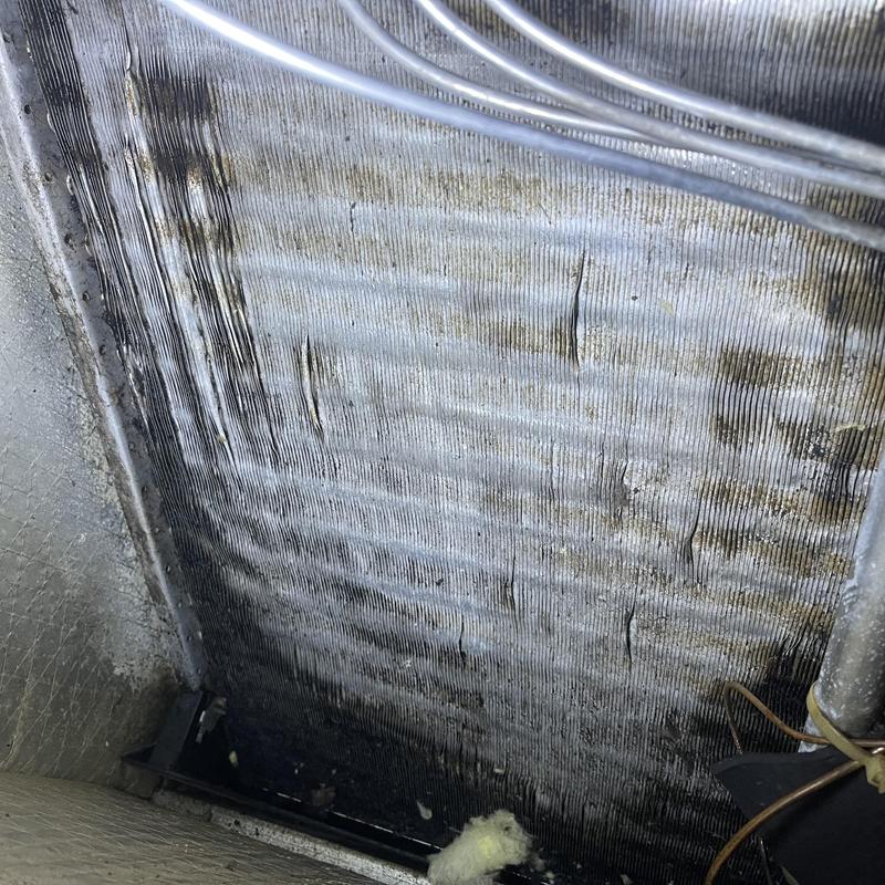 Evaporator coil fins bent and dirty in air handler Evaporator coil fins bent and dirty in air handler