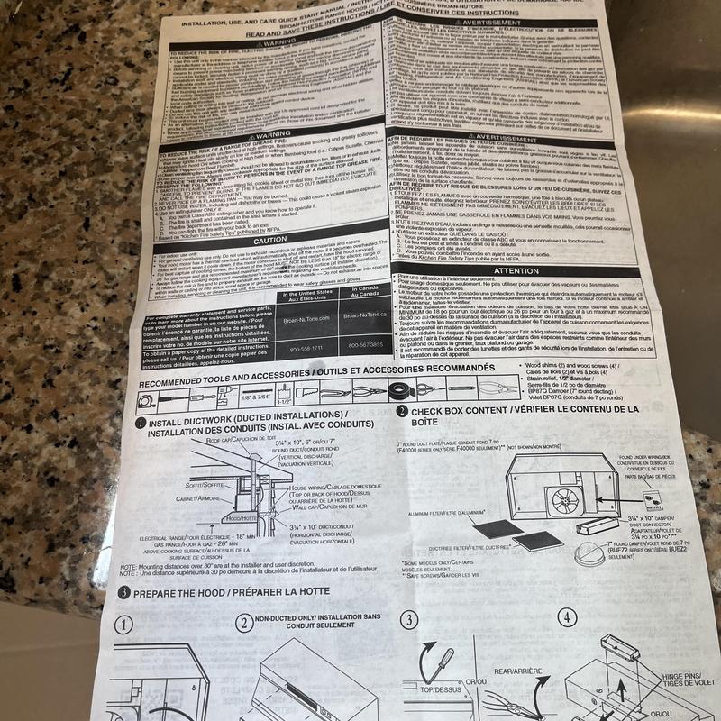 Ventless range hood installation instructions sheet