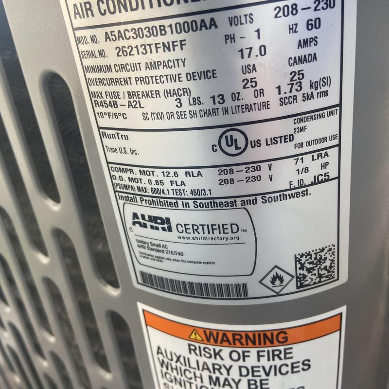 Air conditioner condenser unit label details and warnings