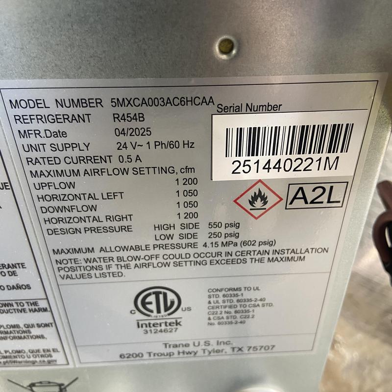 Condenser unit label with specs and refrigerant type