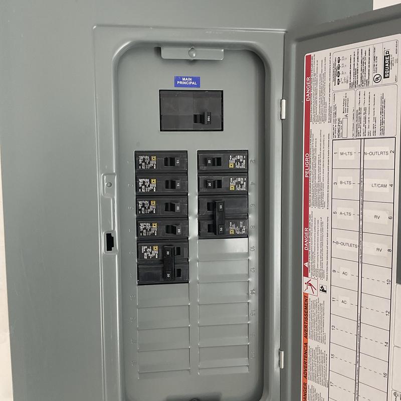 Electrical breaker panel with labeled circuits and switches