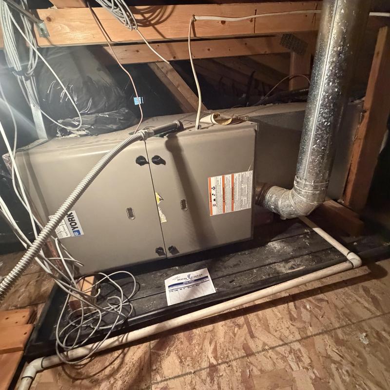 Furnace and ductwork in attic with wiring