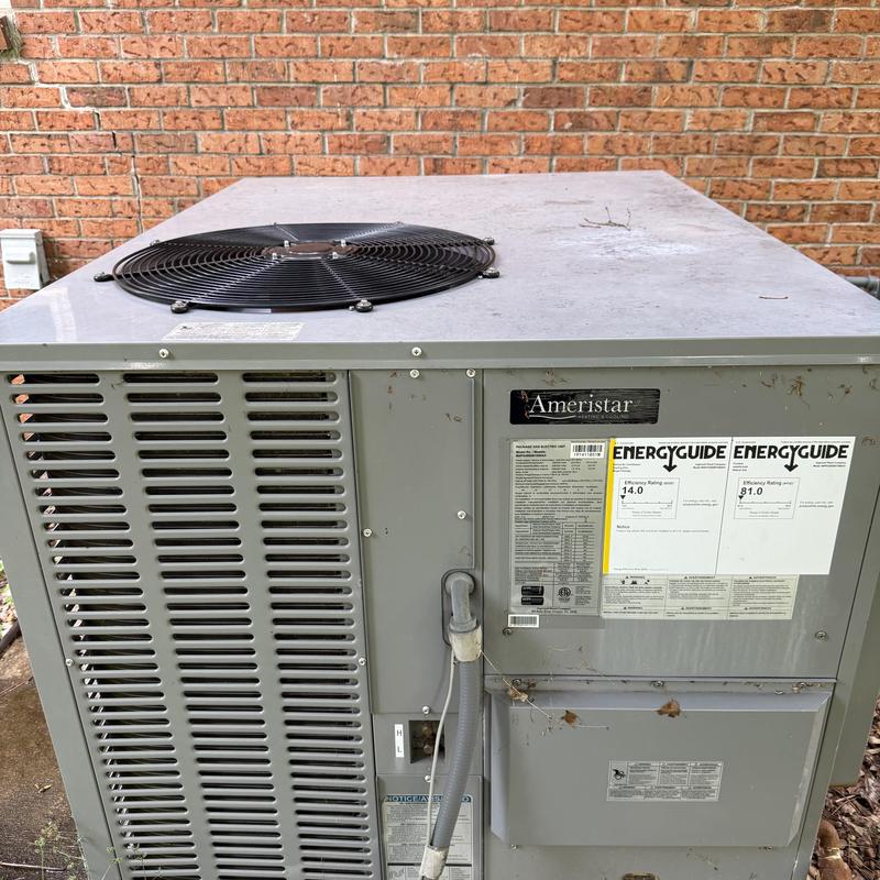 Ameristar outdoor HVAC unit with fan and energy guide labels Ameristar outdoor HVAC unit with fan and energy guide labels
