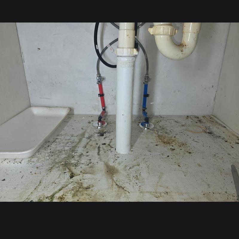 Water line distribution pipes with sink drain under cabinet