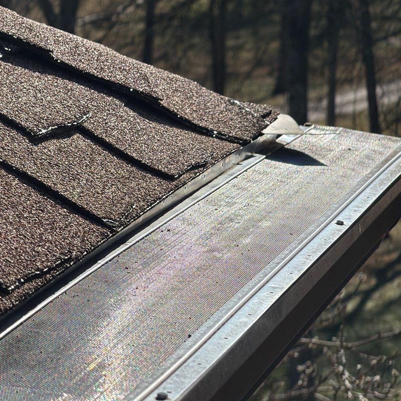 Shingle roof and metal gutter guard with visible wear