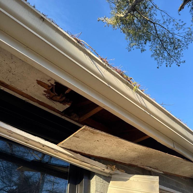 Gutter system with damaged soffit and roof debris
