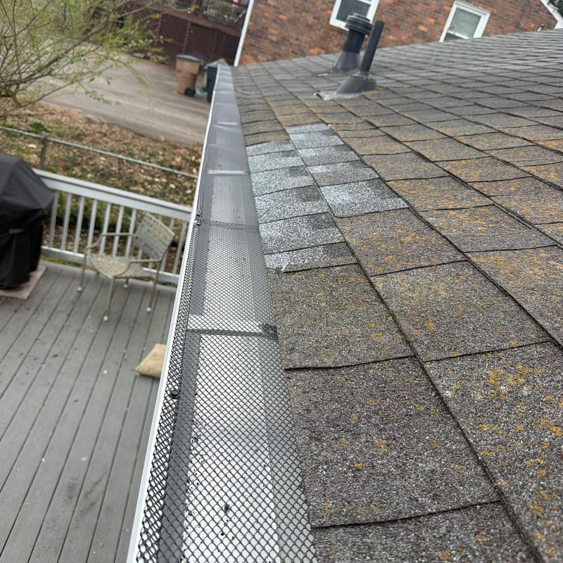 Roof shingles and gutter guard with hail damage