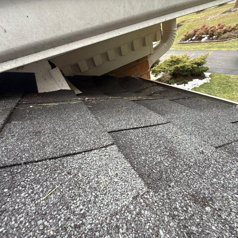 Asphalt roof shingles with hail impact damage near gutter